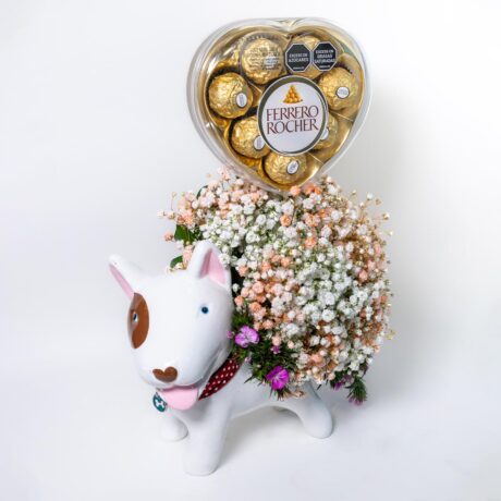 florero forma perrito mas chocolates ferrero rocher