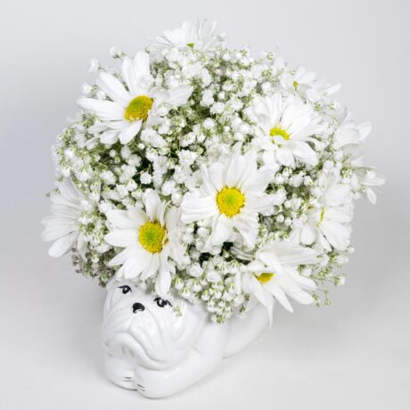 Florero con forma de perrito acostado y margaritas