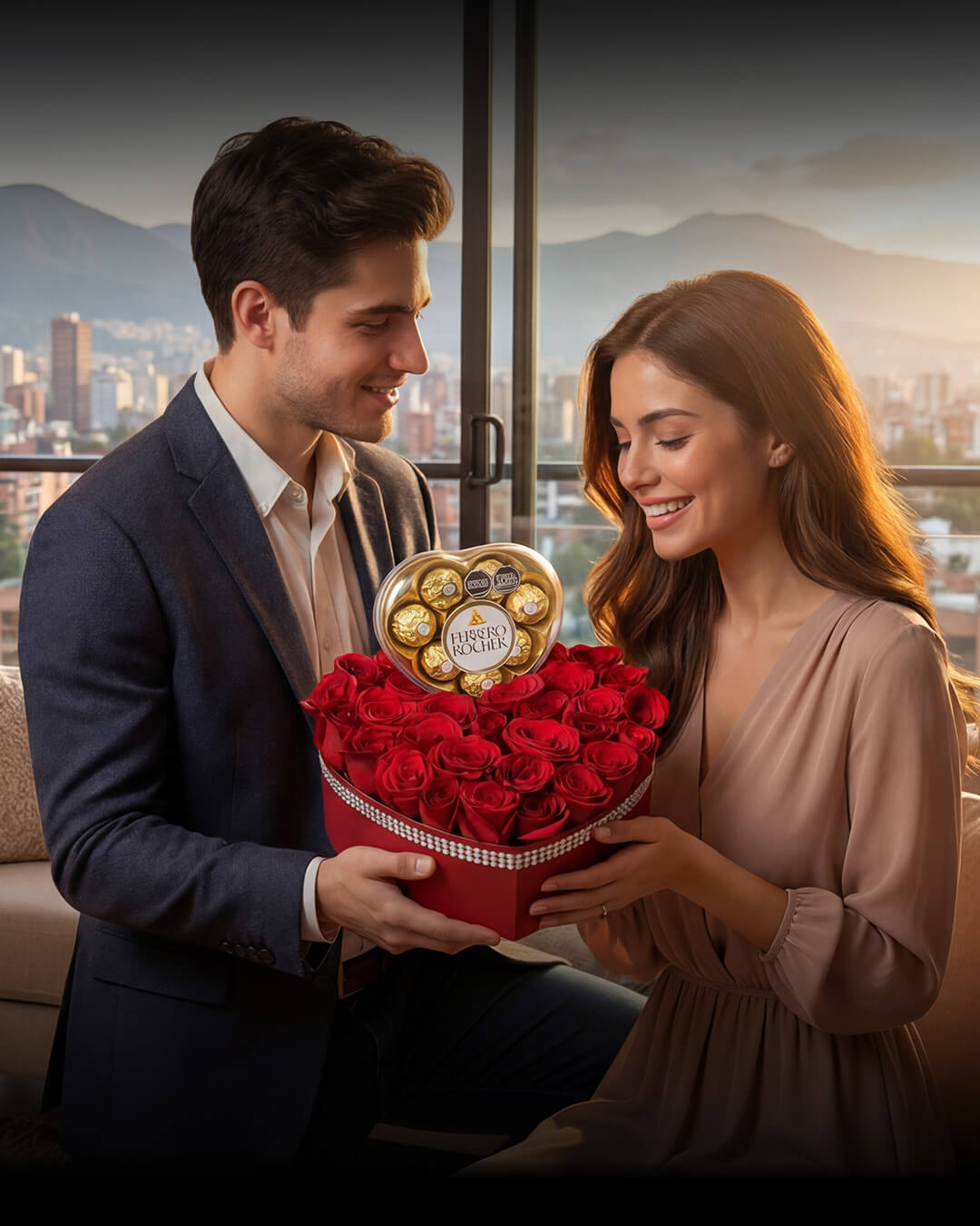 hombre entregando caja de flores en san valentin