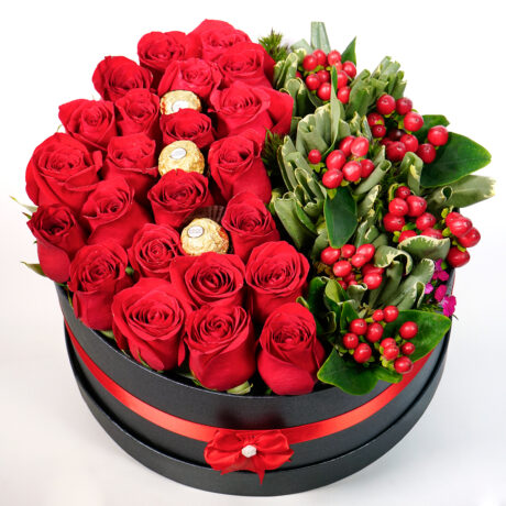 caja de flores tambor de rosas chocolates